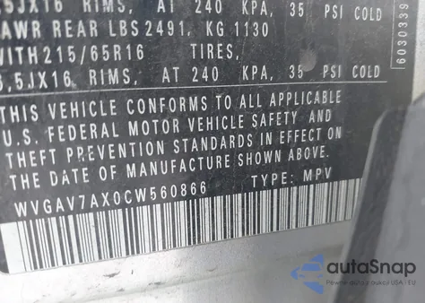 2012 Volkswagen Tiguan Le z USA, uszkodzony, nr VIN WVGAV7AX0CW560866